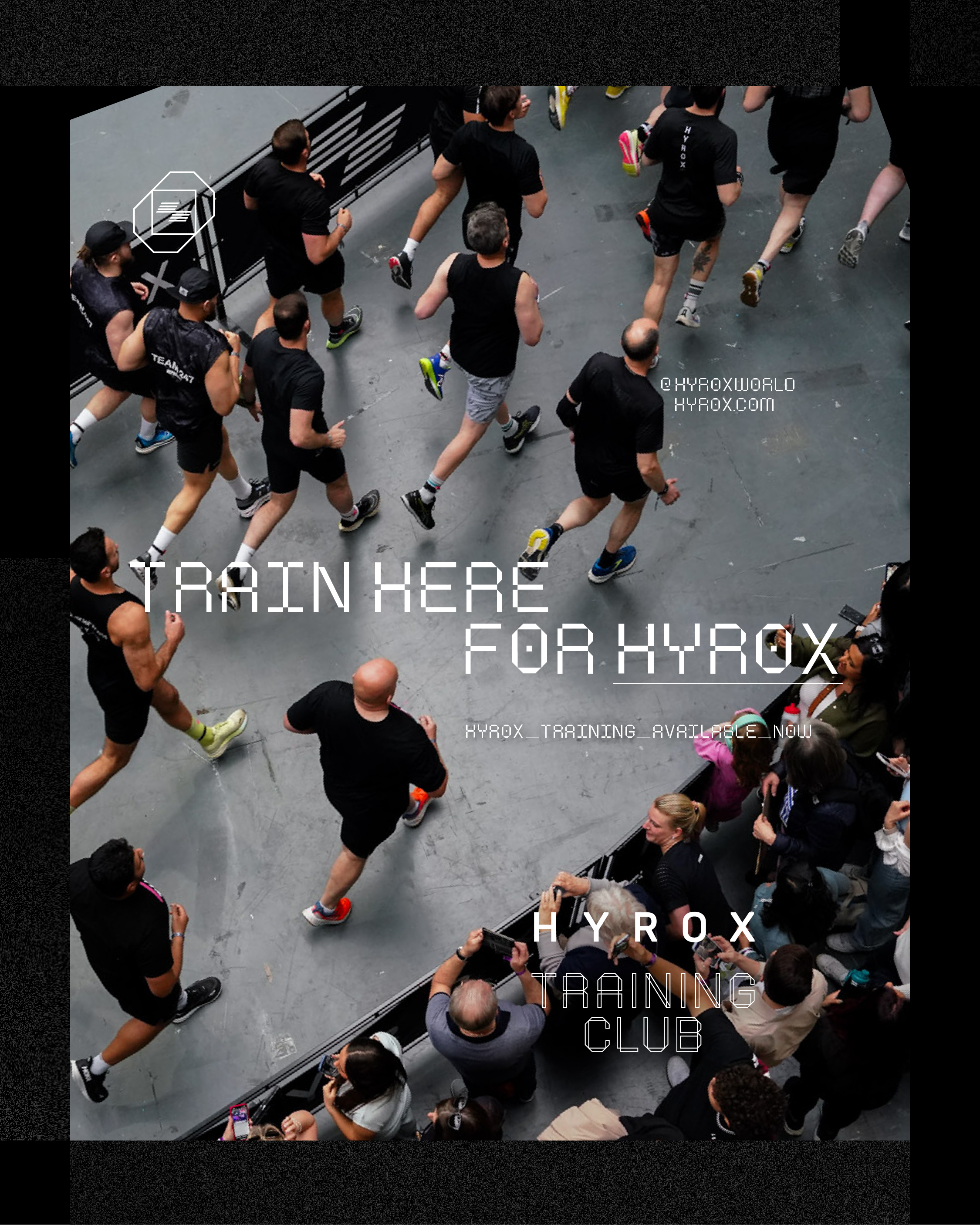 Overhead view of athletes running during a HYROX training event